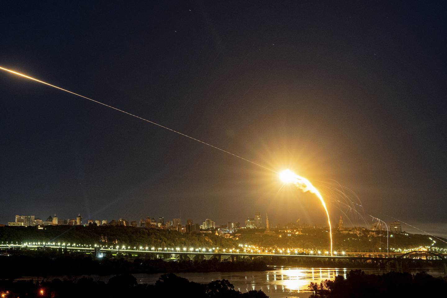 Ukrainian air defense intercepts a Shahed drone mid-air in the third Russia aerial attack on the capital in the last 24 hours in Kyiv, Ukraine, on May 30, 2023.