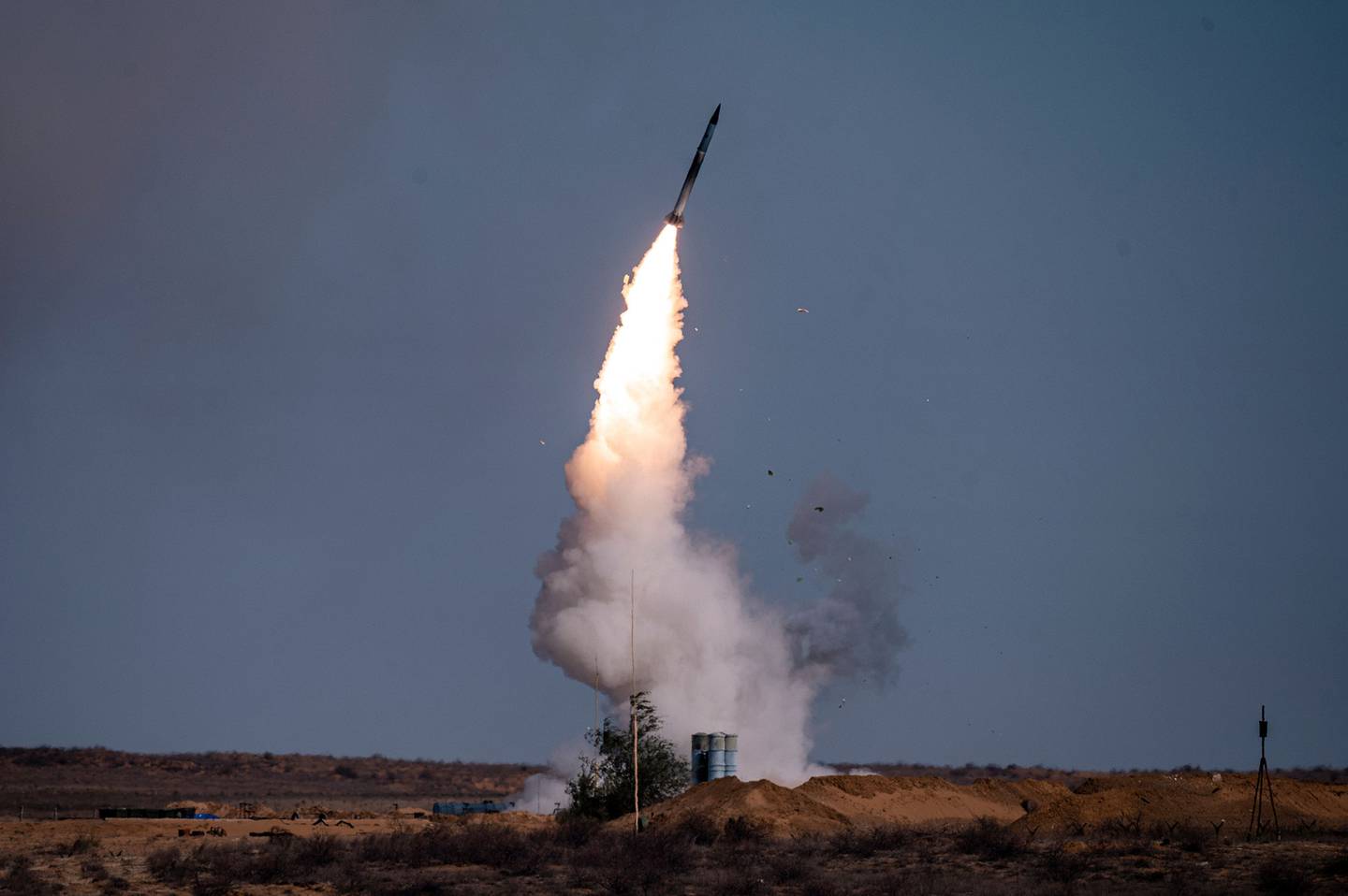 A rocket launches from a S-400 missile system at the Ashuluk military base in southern Russia on Sept. 22, 2020, during the "Caucasus-2020" military drills gathering China, Iran, Pakistan and Myanmar troops, along with ex-Soviet Armenia, Azerbaijan and Belarus.