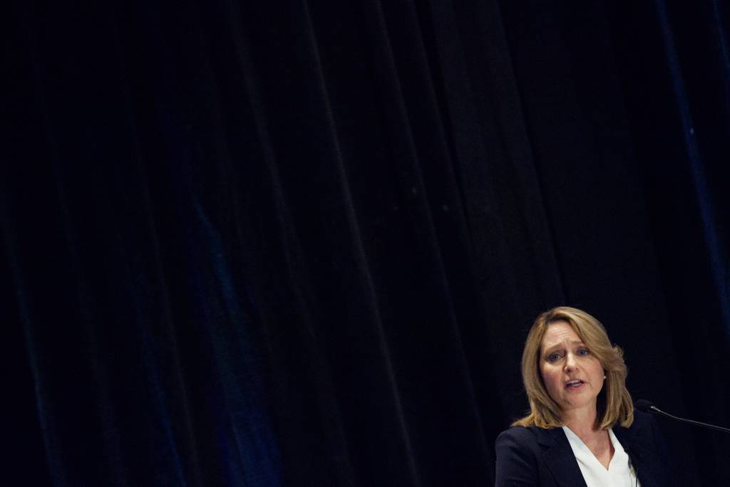 Deputy Secretary of Defense Kathleen Hicks, seen Feb. 21, 2024, during a speech at an artificial intelligence conference in Washington, D.C.